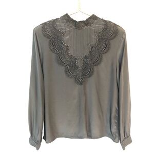 Vintage NWT black regency style high neck lace detail long sleeve blouse